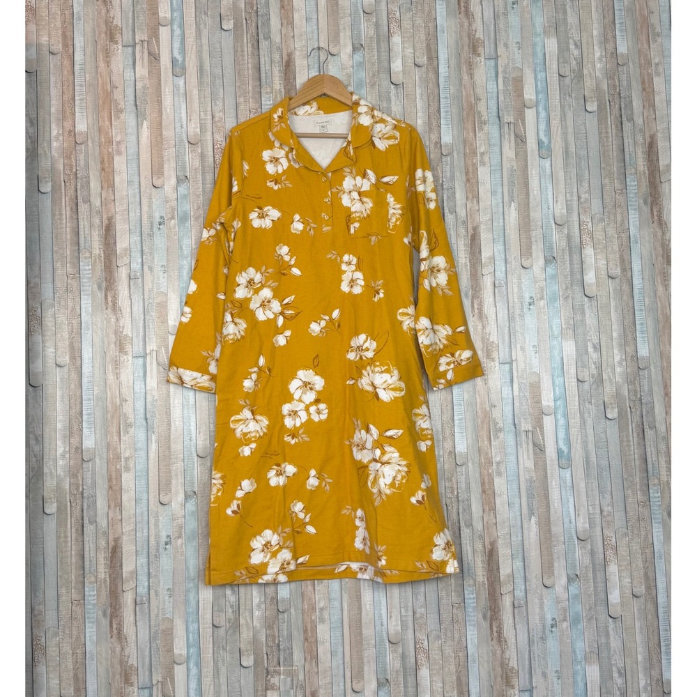 Garnet Hill M Organic Cotton Heritage Flannel Gown Sleep Dress Mustard Floral
